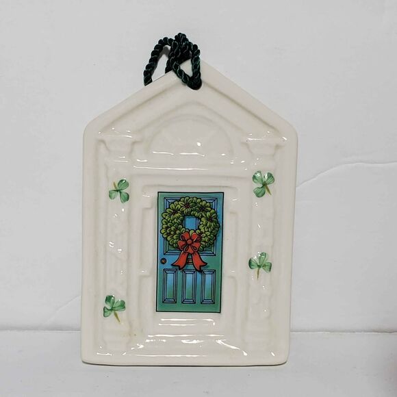 Belleek Christmas Ornament Dublin Doorways Ireland Blue Shamrocks - Picture 5 of 5